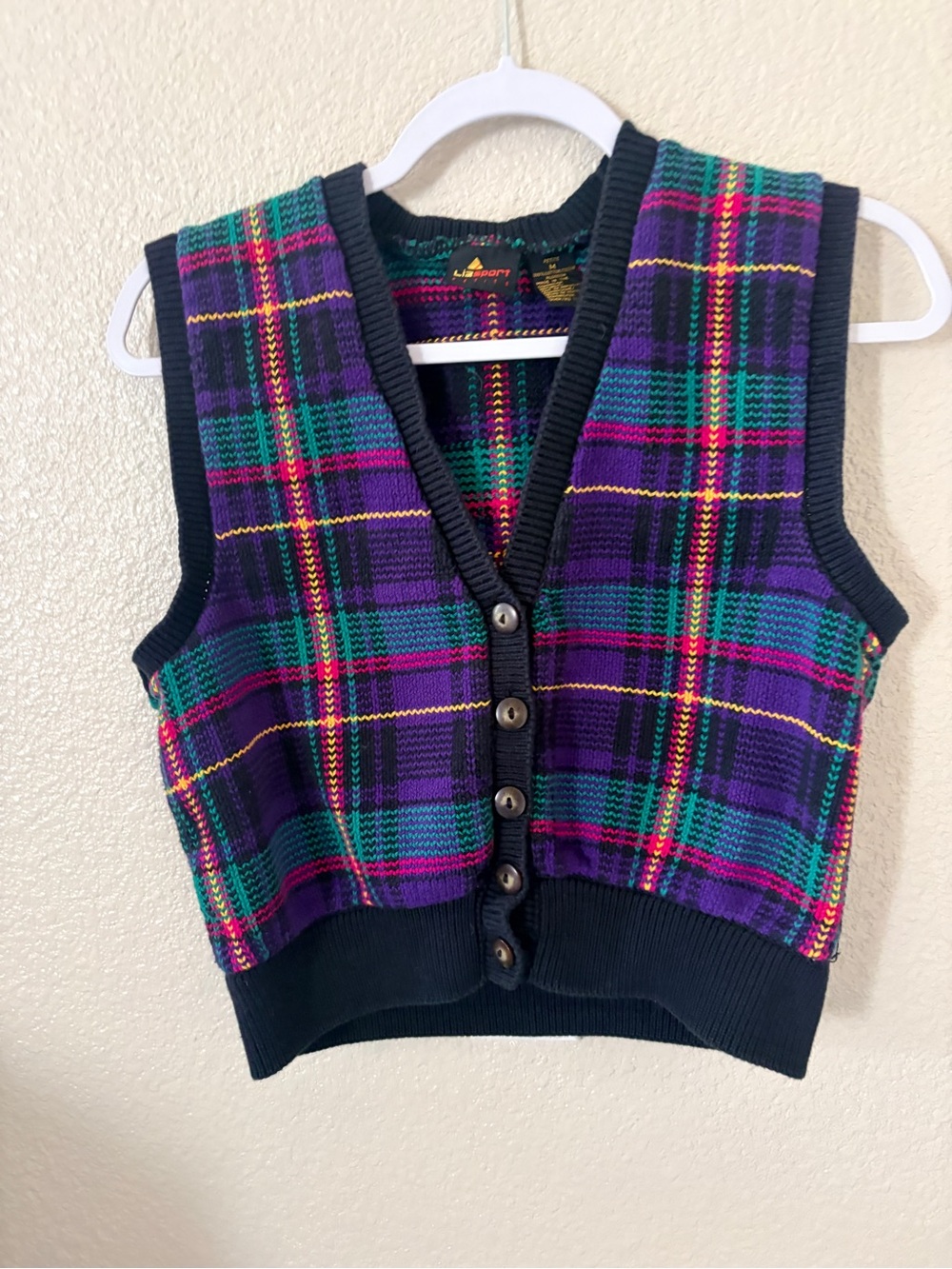 LizSport Med Plaid Knit Button-Up Sweater Vest